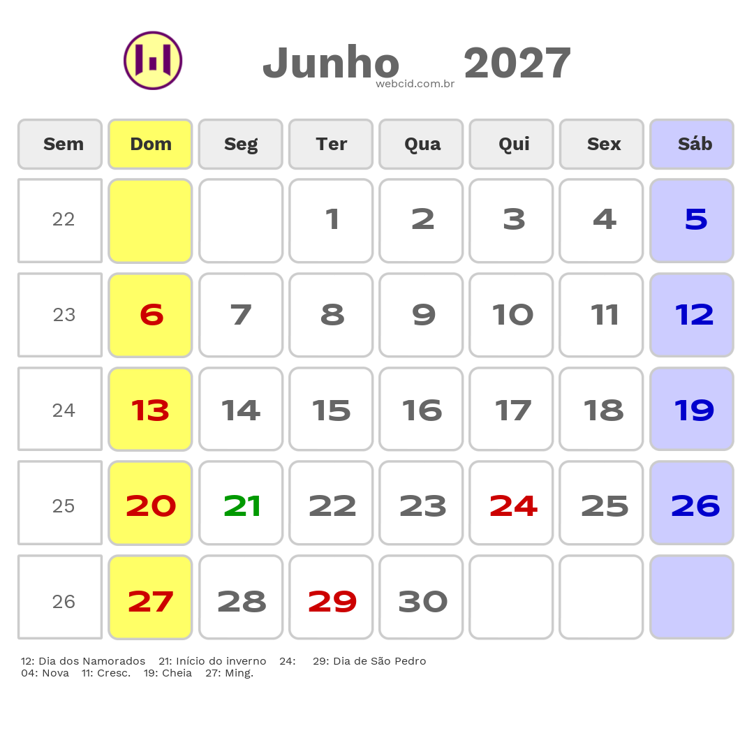 Calendário 2027 - Junho - Santa Cruz-RN com feriados e fases da lua
