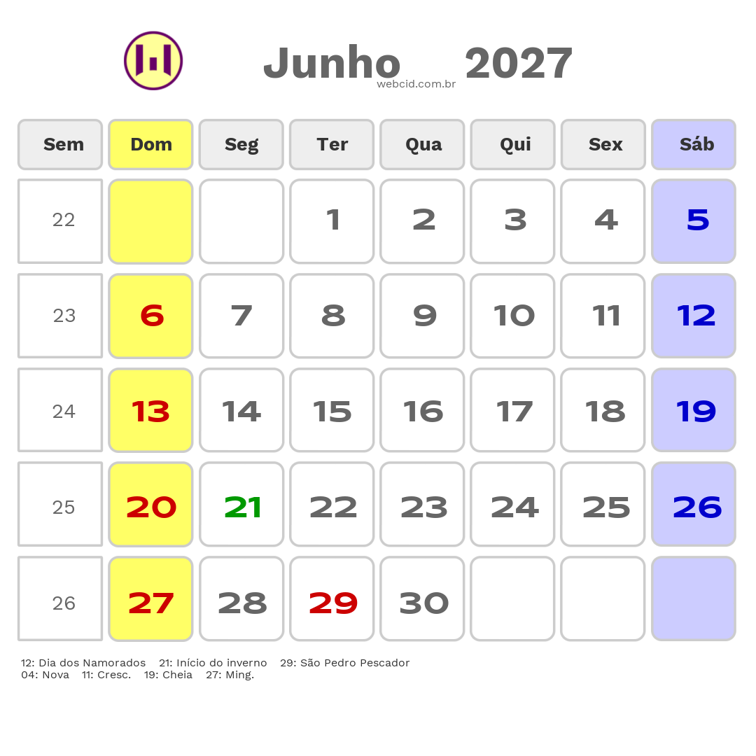 Calendário 2027 - Junho - Ubatuba-SP com feriados e fases da lua