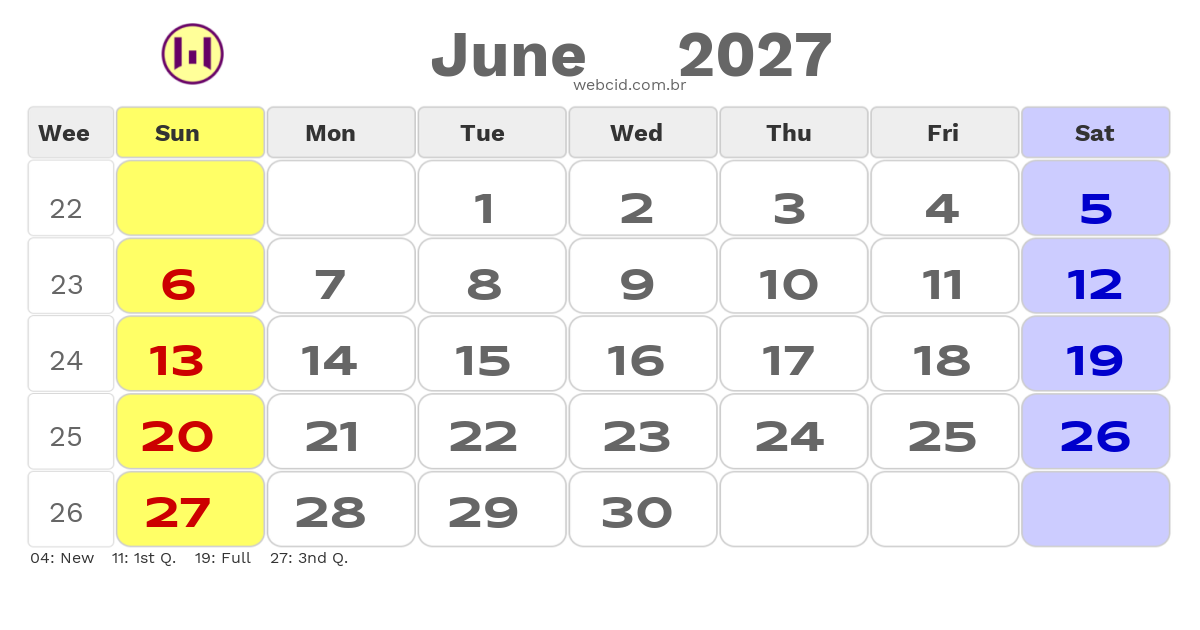 Calendar 2027 - June - Austrália com feriados e fases da lua