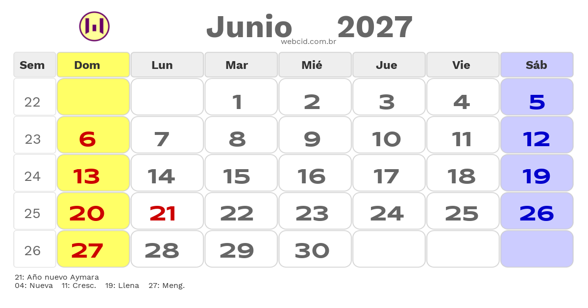 Calendario 2027 - Junio - Bolívia com feriados e fases da lua