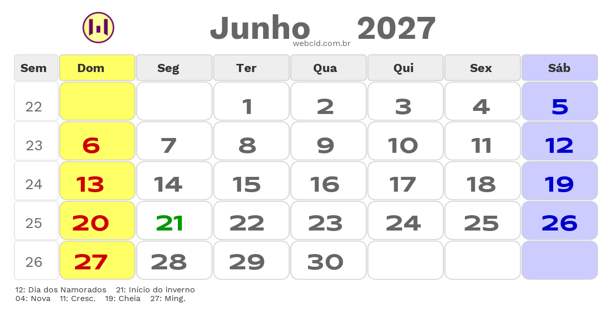 Calendário 2027 - Junho - Brasil com feriados e fases da lua