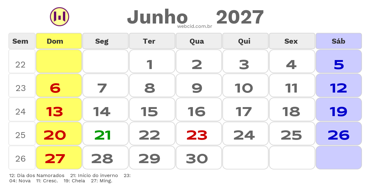 Calendário 2027 - Junho - Eusebio-CE com feriados e fases da lua