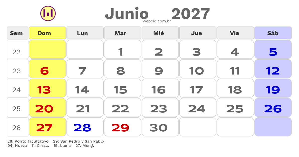Calendario 2027 - Junio - Chile com feriados e fases da lua