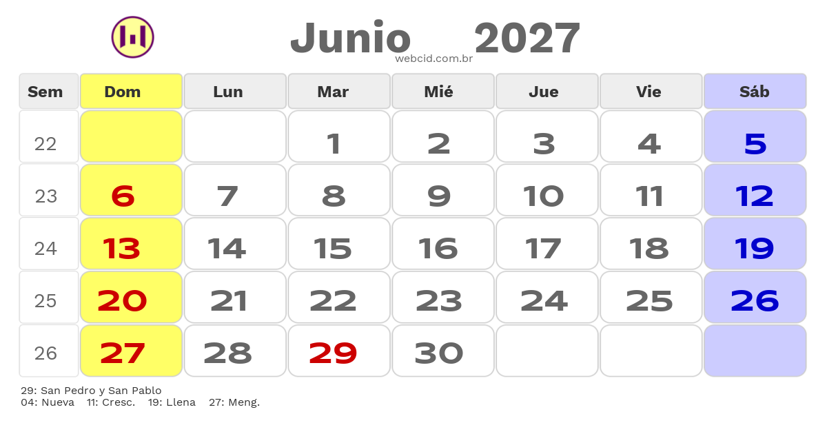 Calendario 2027 - Junio - Colômbia com feriados e fases da lua