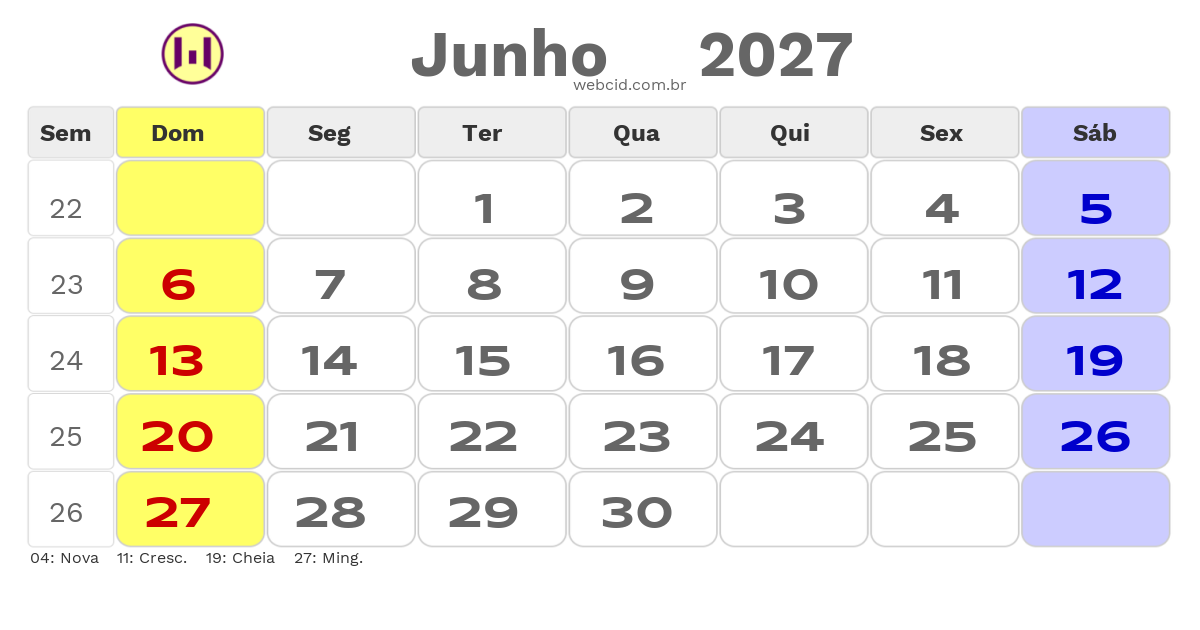 Calendário 2027 - Junho - Copa do Mundo FIFA com feriados e fases da lua