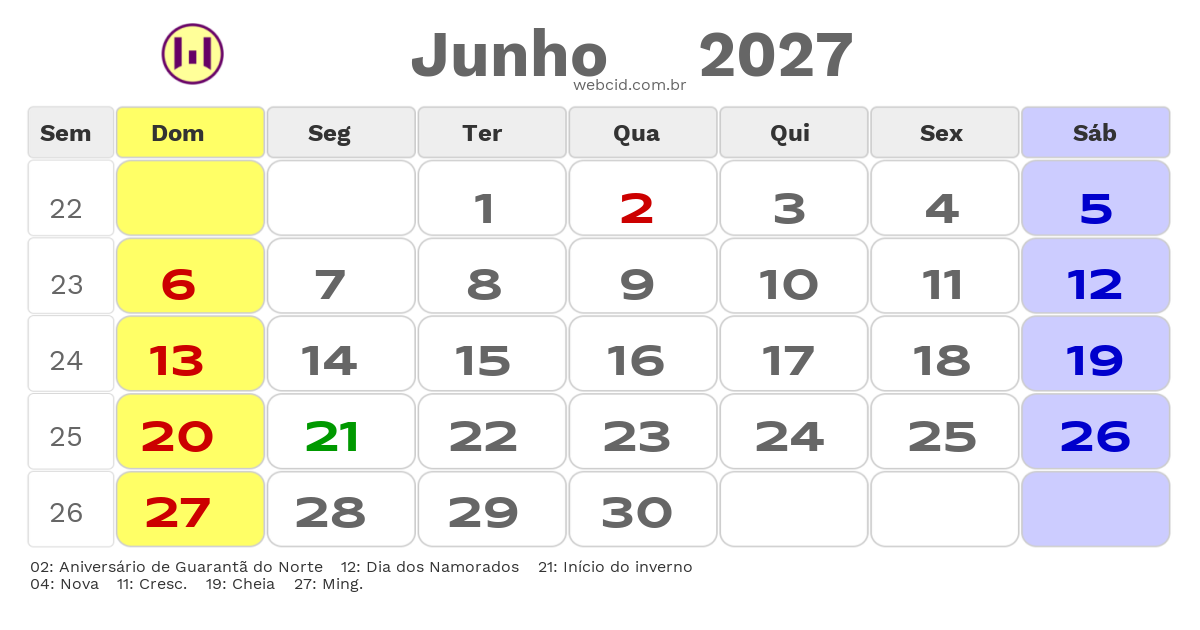 Calendário 2027 - Junho - Guarantã do Norte-MT com feriados e fases da lua