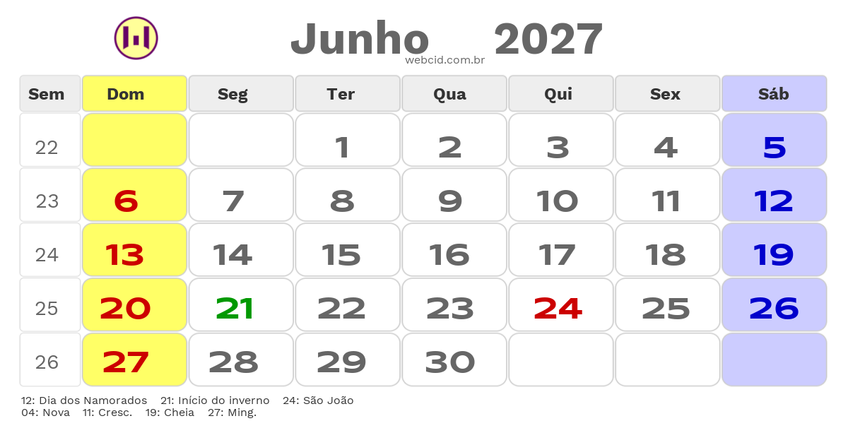 Calendário 2027 - Junho - Ferreiros-PE com feriados e fases da lua