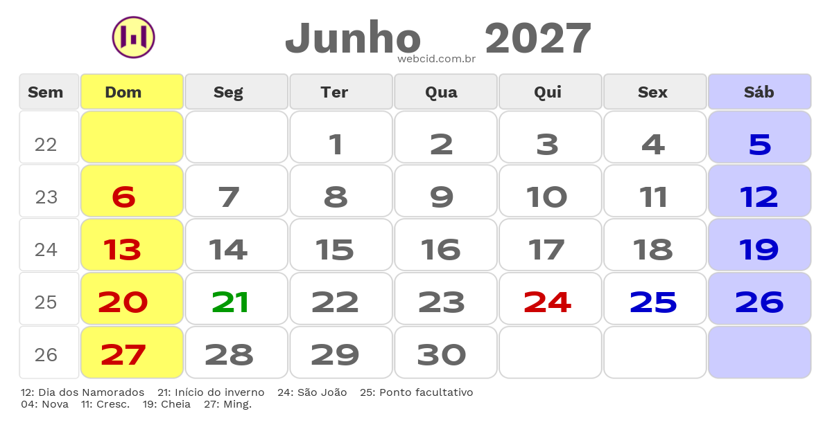 Calendário 2027 - Junho - Trindade-PE com feriados e fases da lua