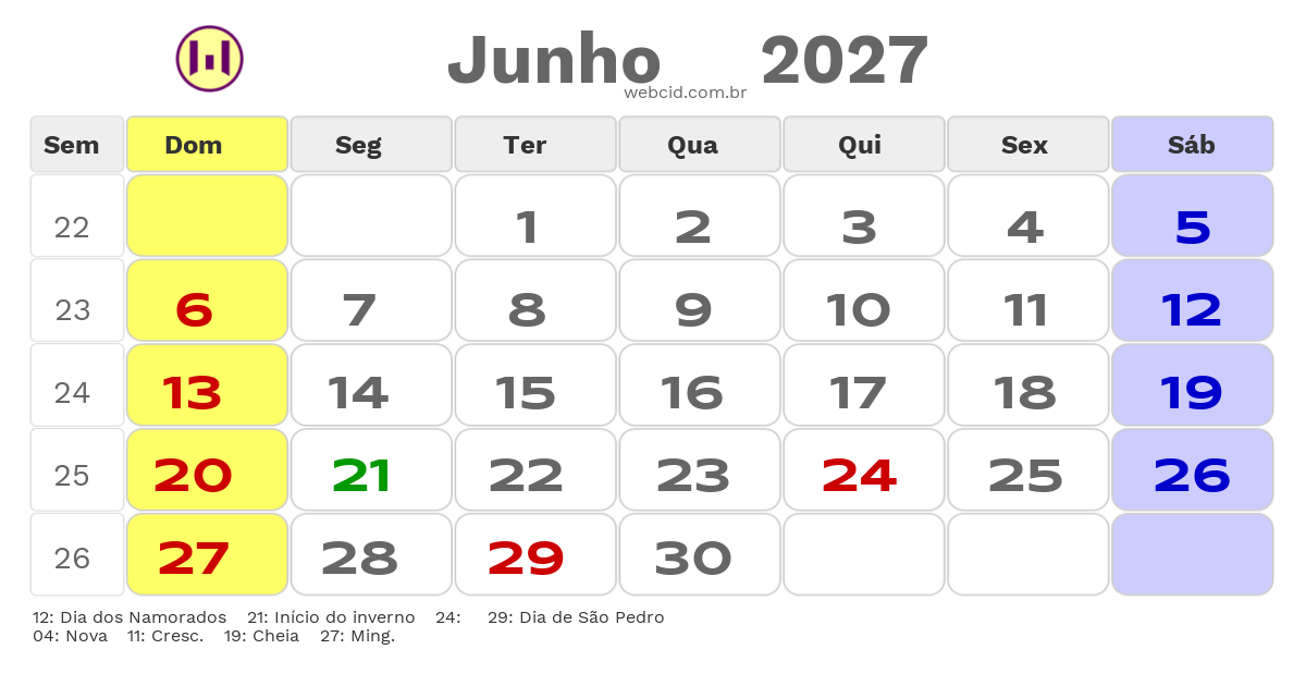 Calendário 2027 - Junho - Santa Cruz-RN com feriados e fases da lua