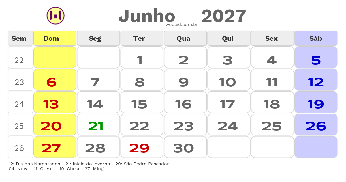 Calendário 2027 - Junho - Ubatuba-SP com feriados e fases da lua
