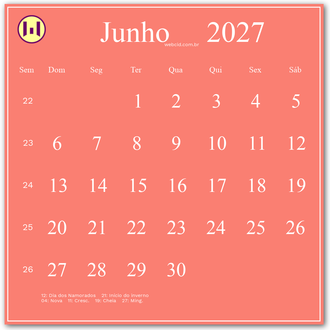 Calendário 2027 - Junho - Brasil com feriados e fases da lua