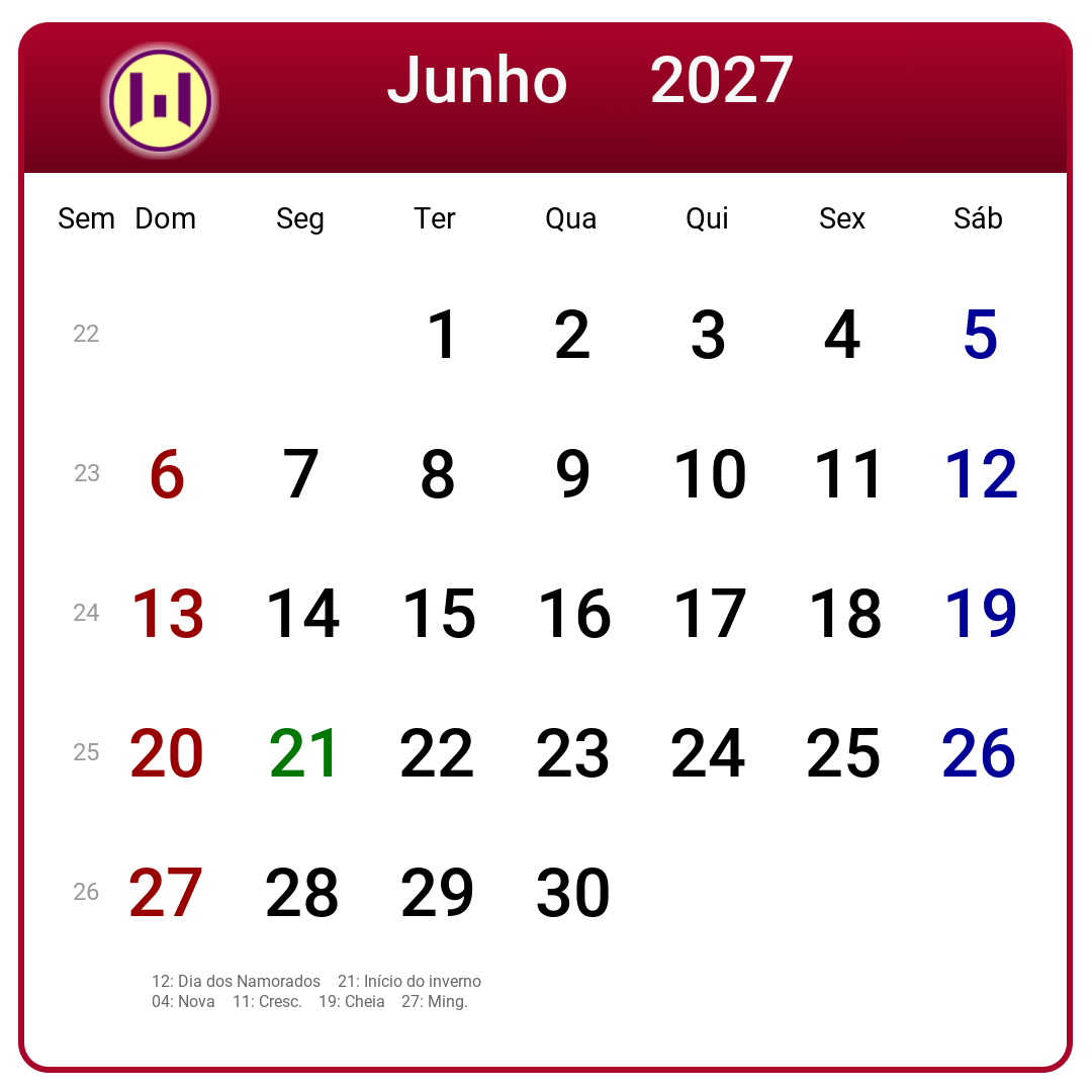 Calendário 2027 - Junho - Brasil com feriados e fases da lua