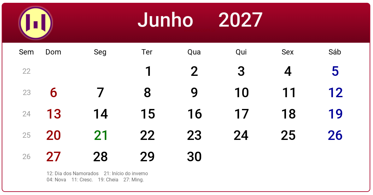 Calendário 2027 - Junho - Brasil com feriados e fases da lua