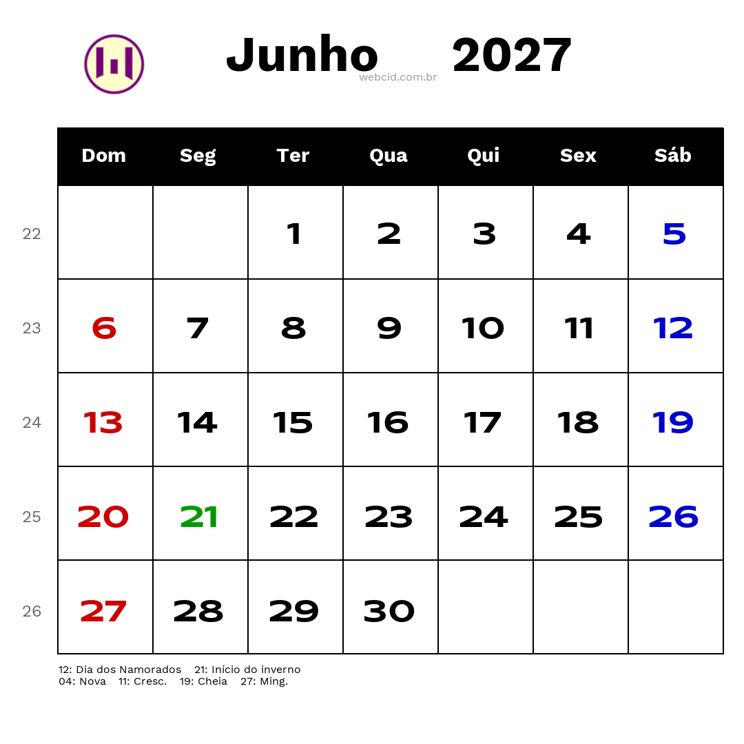 Calendário 2027 - Junho - Brasil com feriados e fases da lua