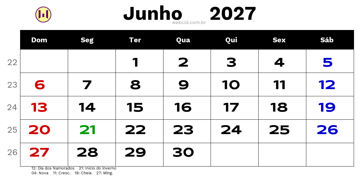 Calendário 2027 - Junho - Brasil com feriados e fases da lua