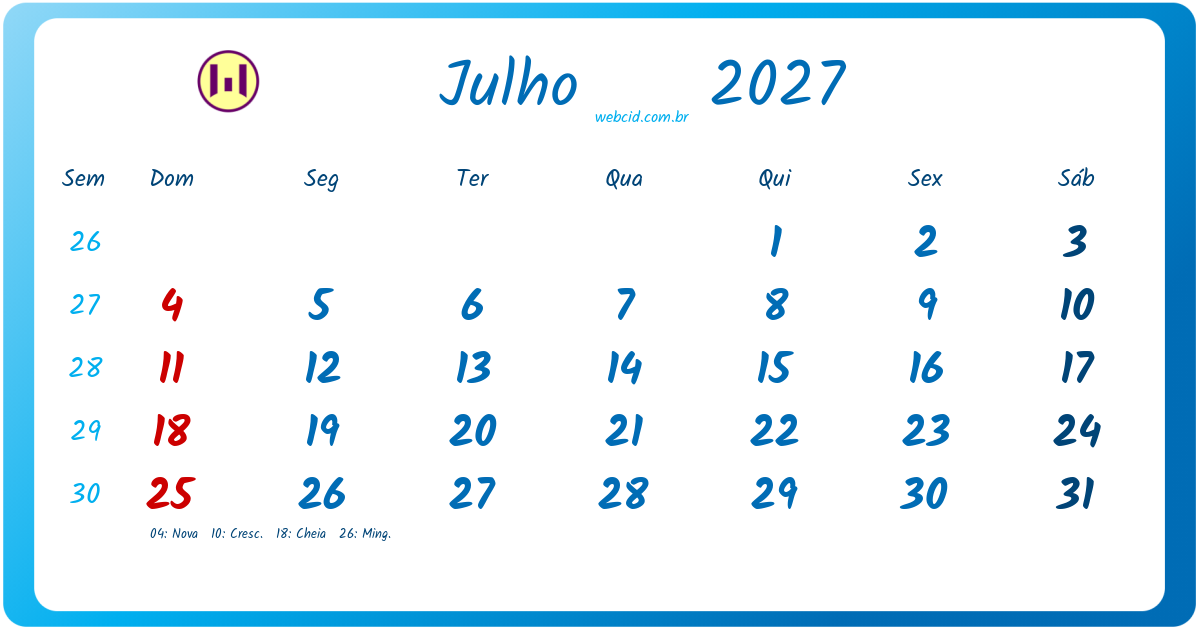 Calendário 2027 - Julho - Brasil com feriados e fases da lua