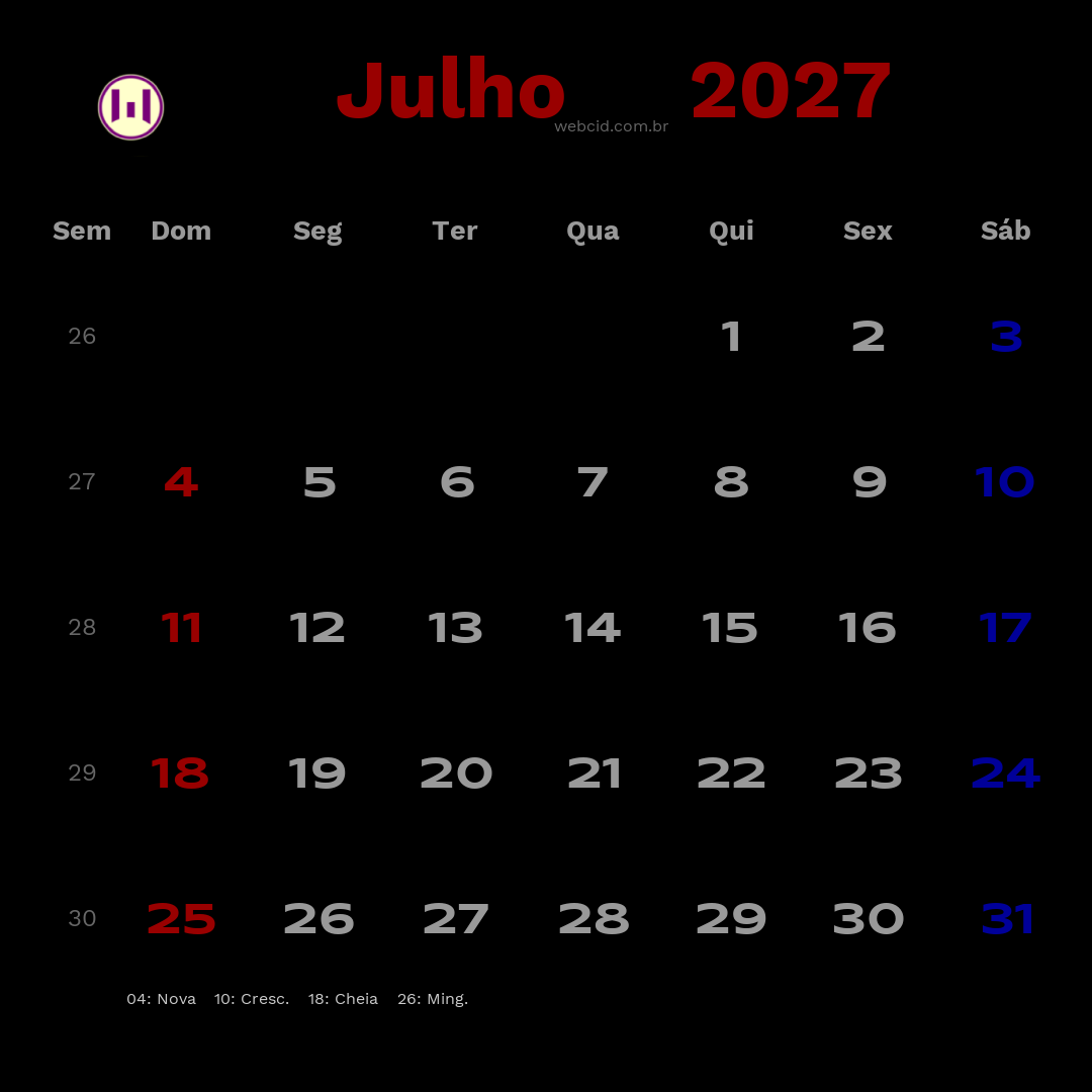 Calendário 2027 - Julho - Brasil com feriados e fases da lua