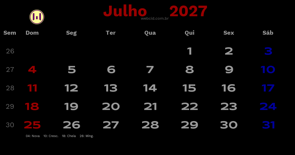Calendário 2027 - Julho - Brasil com feriados e fases da lua