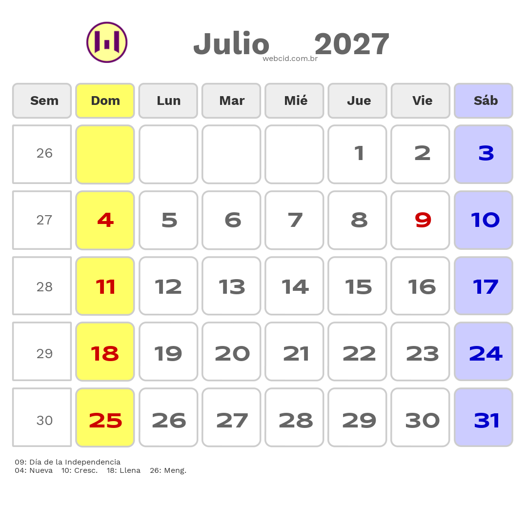 Calendario 2027 - Julio - Argentina com feriados e fases da lua