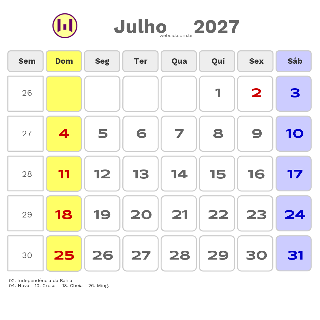 Calendário 2027 - Julho - Nova Fatima-BA com feriados e fases da lua