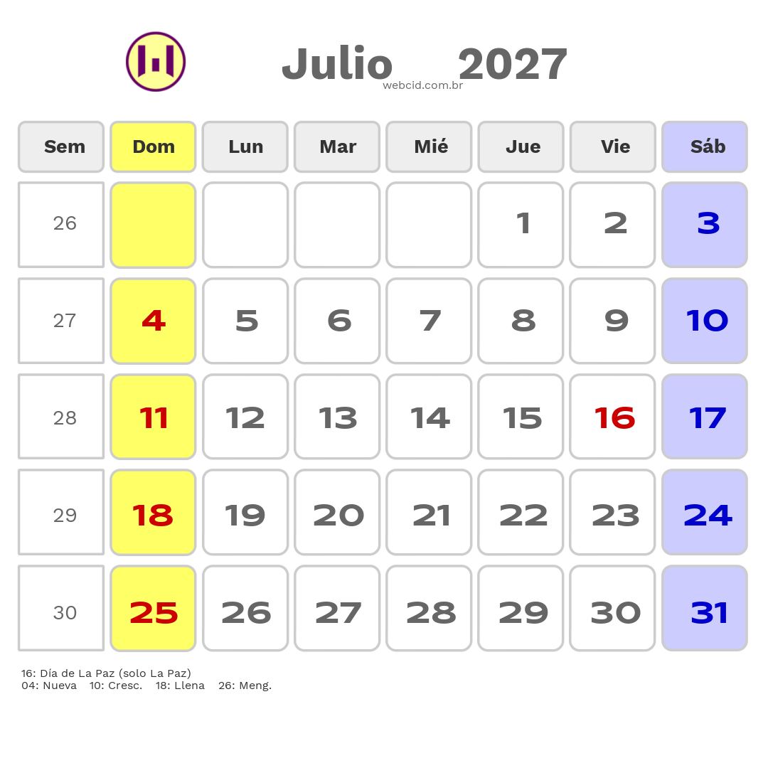 Calendario 2027 - Julio - Bolívia com feriados e fases da lua