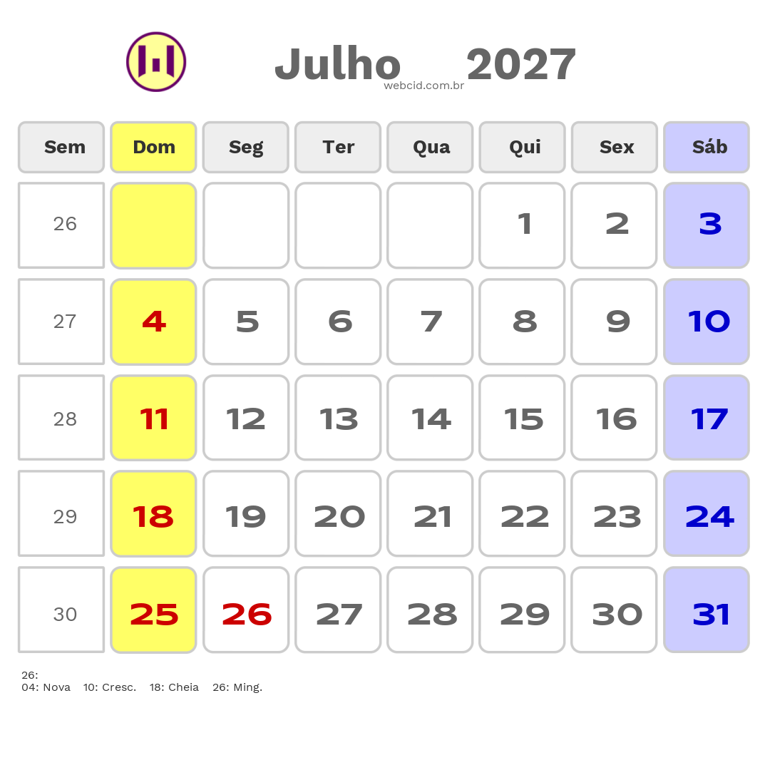 Calendário 2027 - Julho - Eusebio-CE com feriados e fases da lua