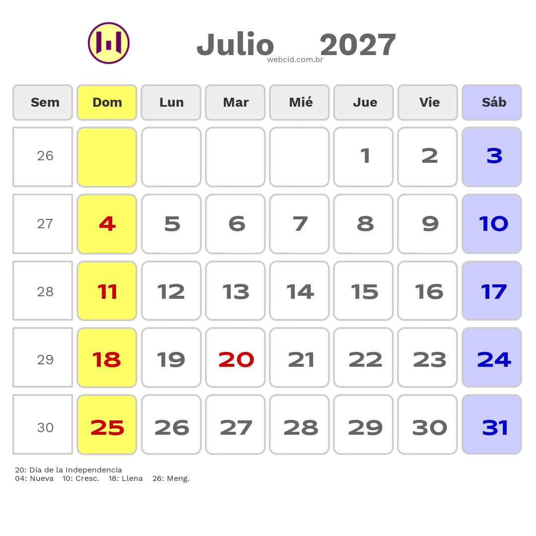 Calendario 2027 - Julio - Colômbia com feriados e fases da lua