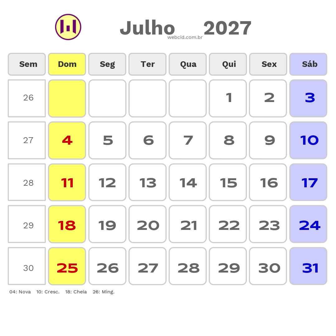 Calendário 2027 - Julho - Copa do Mundo FIFA com feriados e fases da lua
