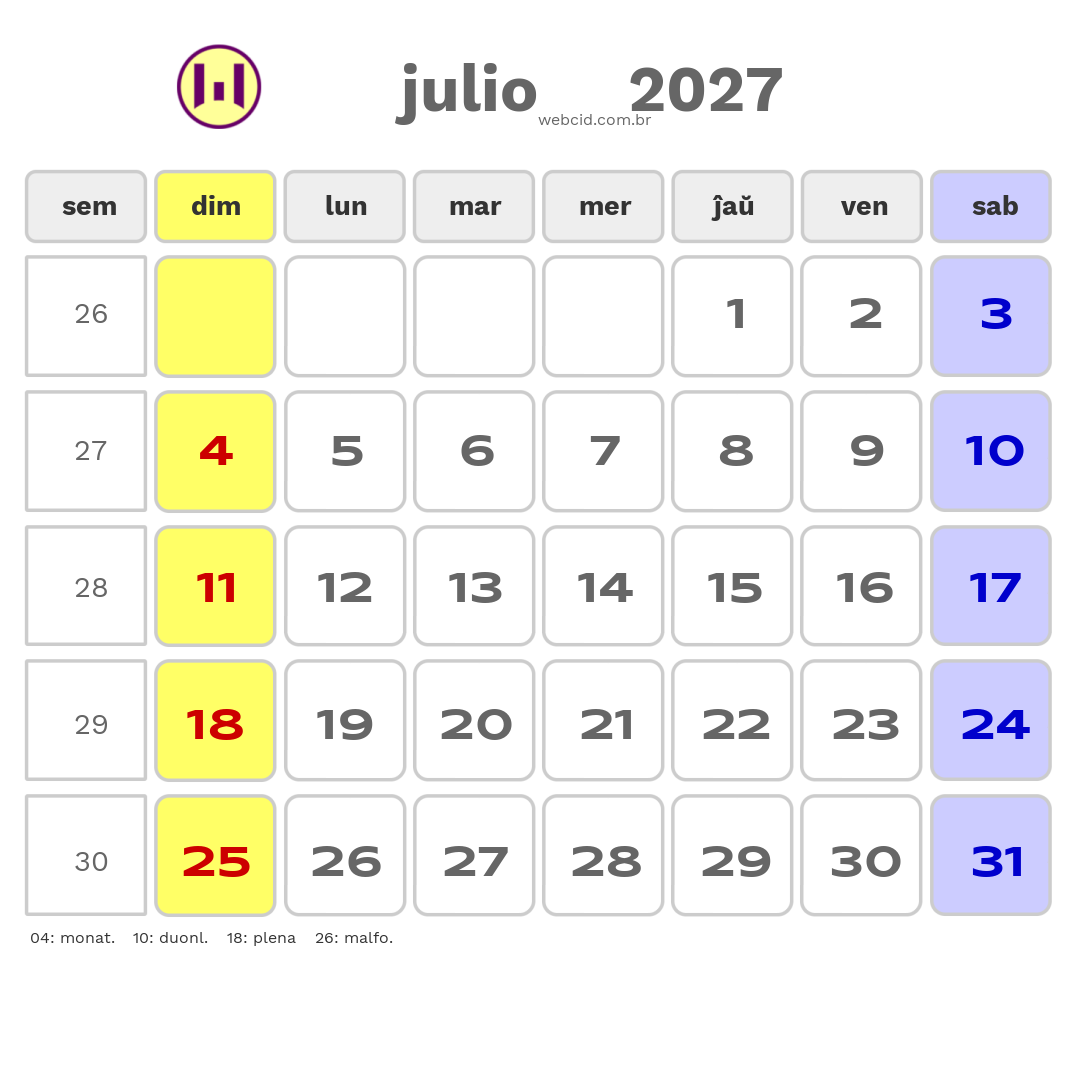Kalendaro 2027 - julio - Esperanto-ESPERANTO com feriados e fases da lua