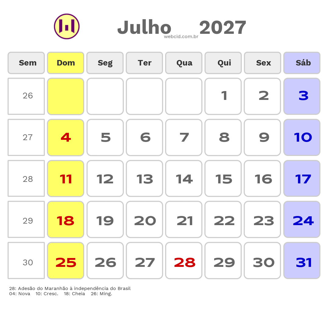 Calendário 2027 - Julho - Governador Nunes Freire-MA com feriados e fases da lua