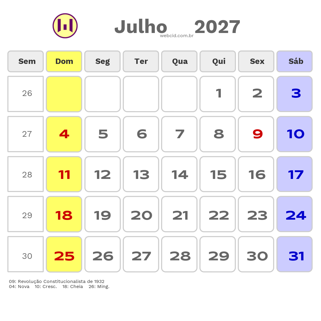 Calendário 2027 - Julho - Atibaia-SP com feriados e fases da lua