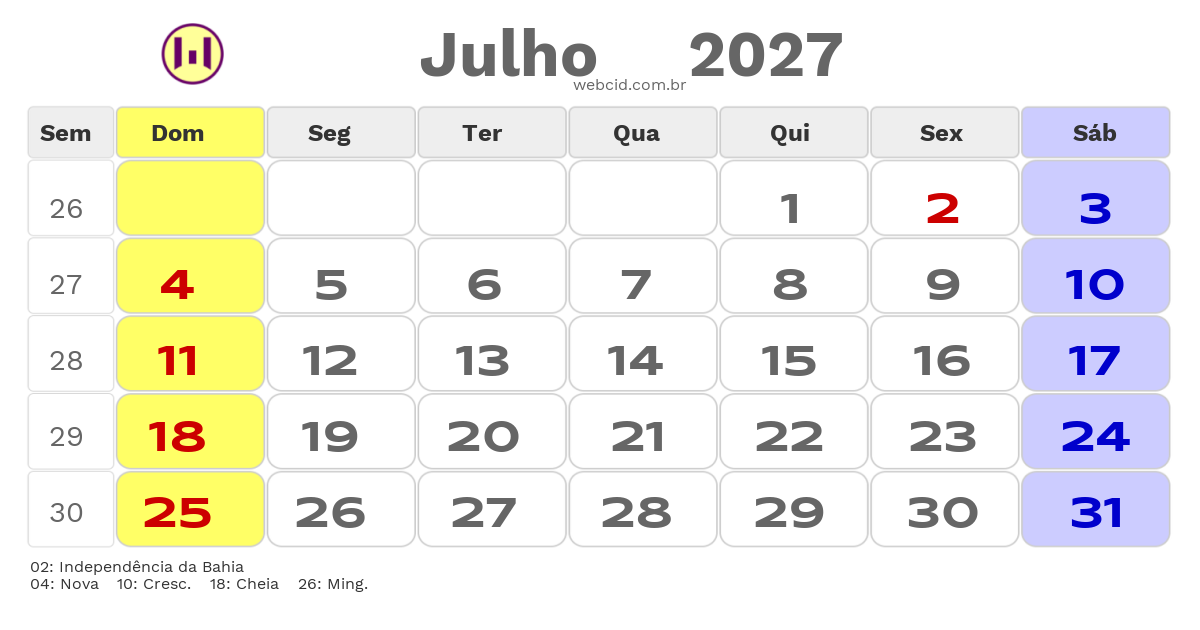 Calendário 2027 - Julho - Filadelfia-BA com feriados e fases da lua