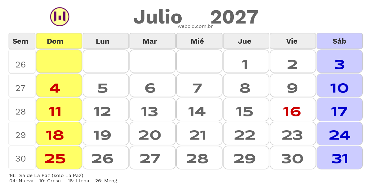 Calendario 2027 - Julio - Bolívia com feriados e fases da lua
