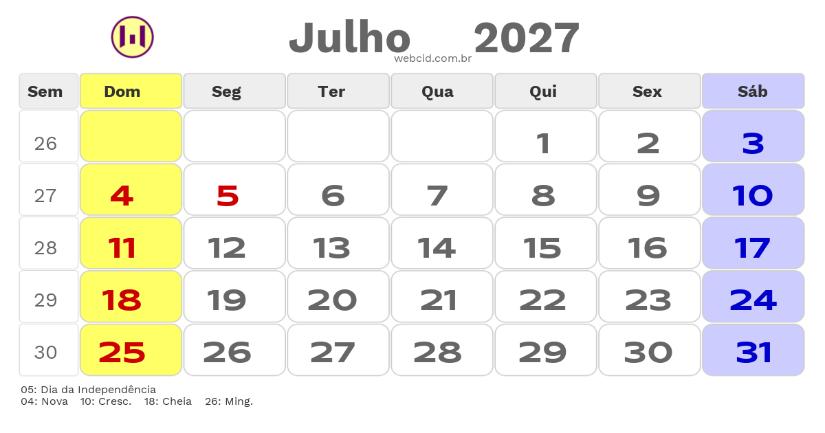 Calendário 2027 - Julho - Cabo Verde com feriados e fases da lua