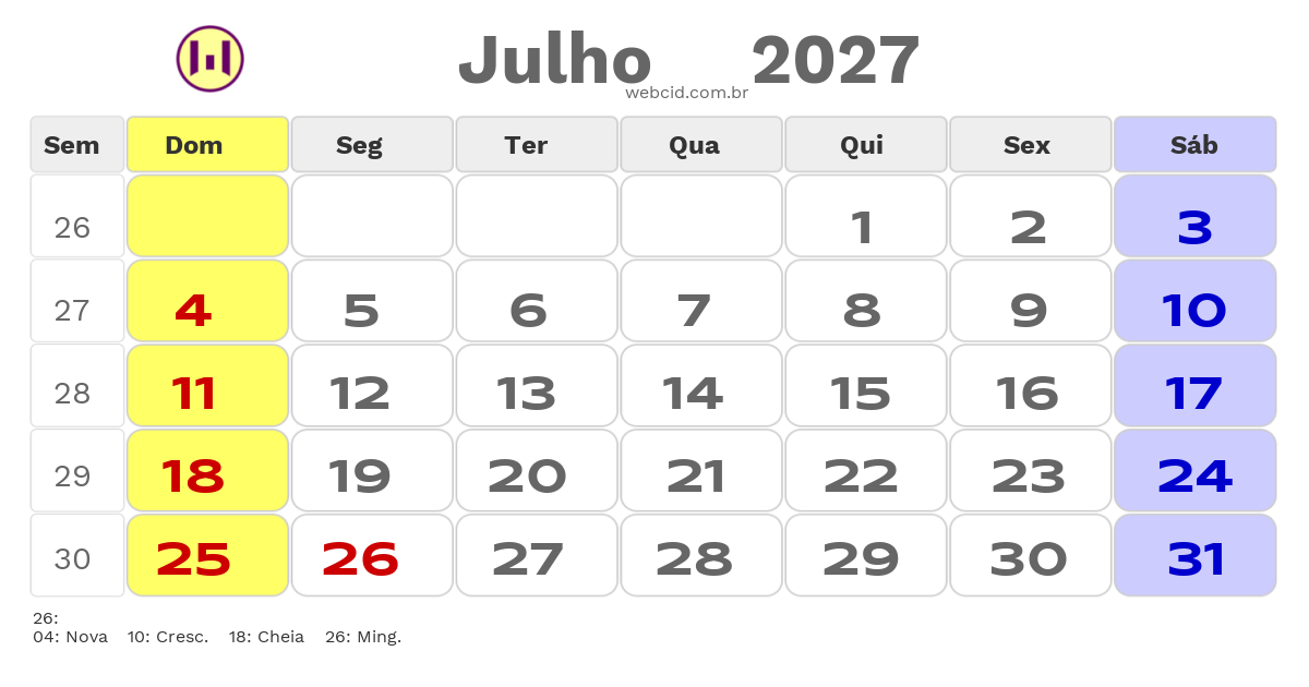 Calendário 2027 - Julho - Eusebio-CE com feriados e fases da lua
