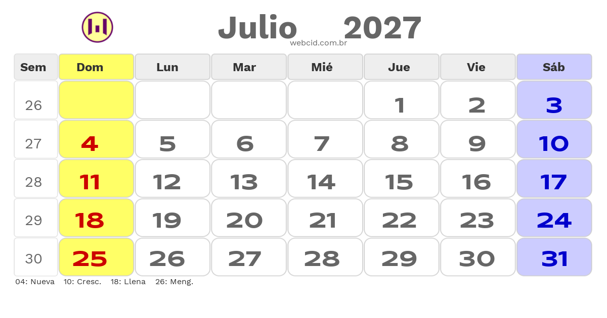 Calendario 2027 - Julio - Chile com feriados e fases da lua