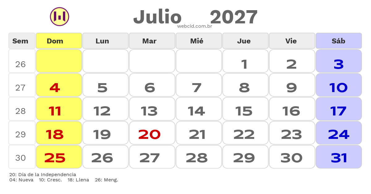 Calendario 2027 - Julio - Colômbia com feriados e fases da lua