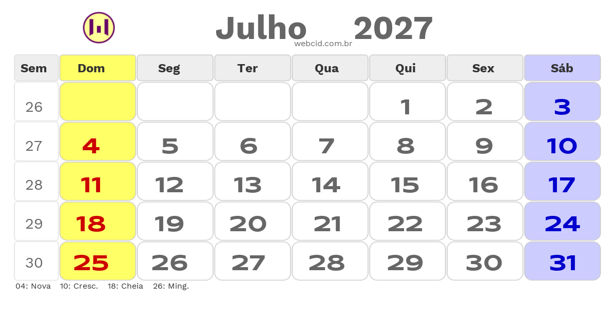 Calendário 2027 - Julho - Copa do Mundo FIFA com feriados e fases da lua