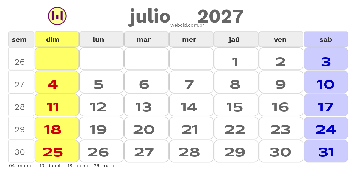 Kalendaro 2027 - julio - Esperanto-ESPERANTO com feriados e fases da lua