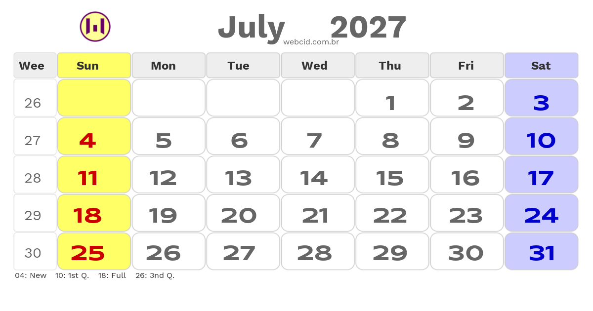 Calendar 2027 - July - Inglaterra com feriados e fases da lua