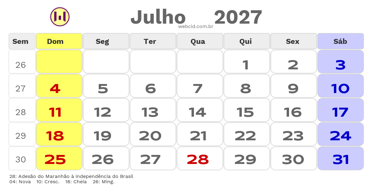 Calendário 2027 - Julho - Governador Nunes Freire-MA com feriados e fases da lua