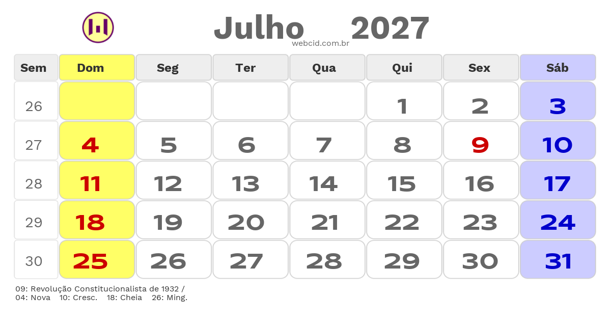 Calendário 2027 - Julho - Fernandopolis-SP com feriados e fases da lua