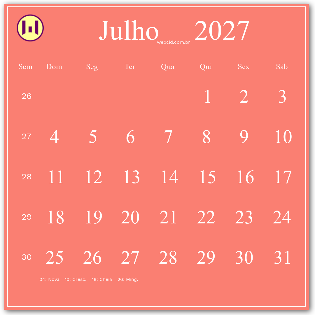 Calendário 2027 - Julho - Brasil com feriados e fases da lua