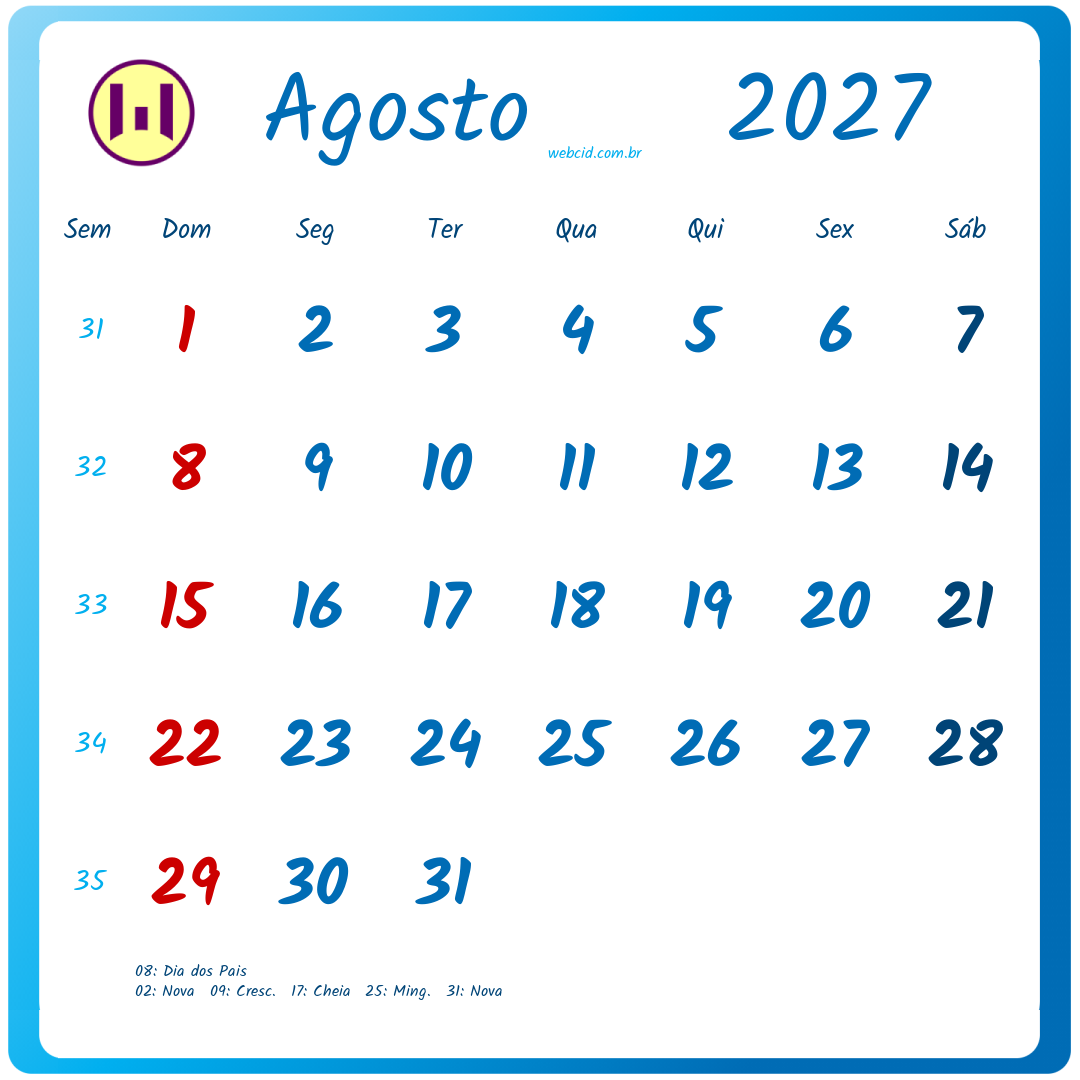 Calendário 2027 - Agosto - Brasil com feriados e fases da lua