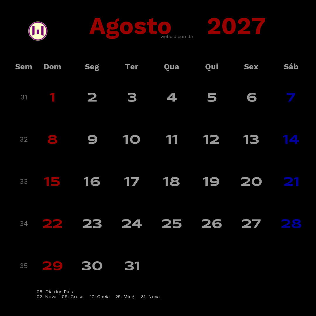 Calendário 2027 - Agosto - Brasil com feriados e fases da lua