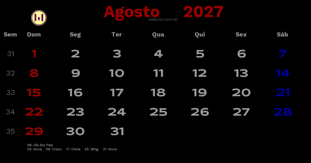 Calendário 2027 - Agosto - Brasil com feriados e fases da lua