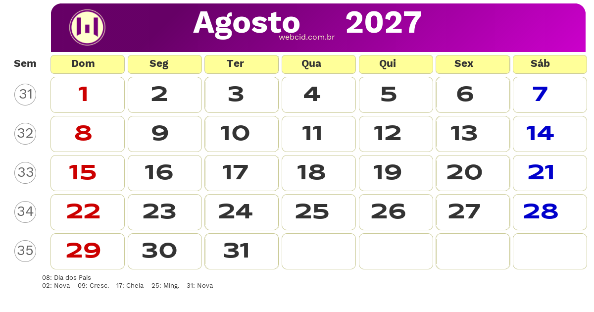 Calendário 2027 - Agosto - Brasil com feriados e fases da lua