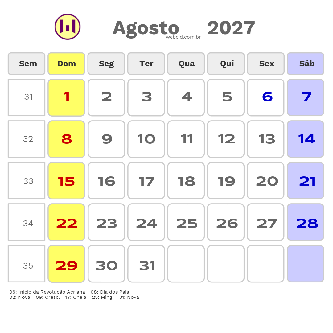 Calendário 2027 - Agosto - Feijó-AC com feriados e fases da lua