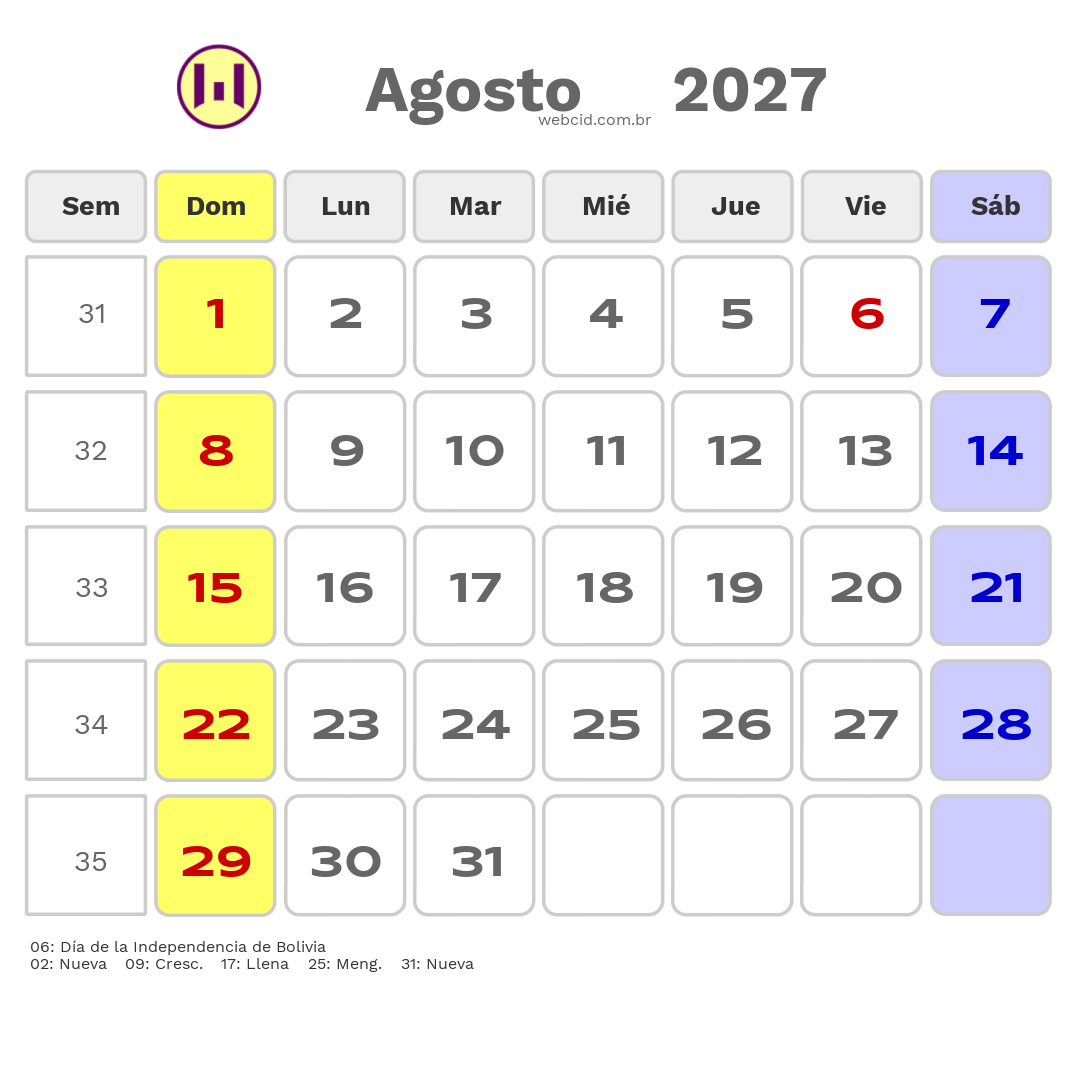 Calendario 2027 - Agosto - Bolívia com feriados e fases da lua