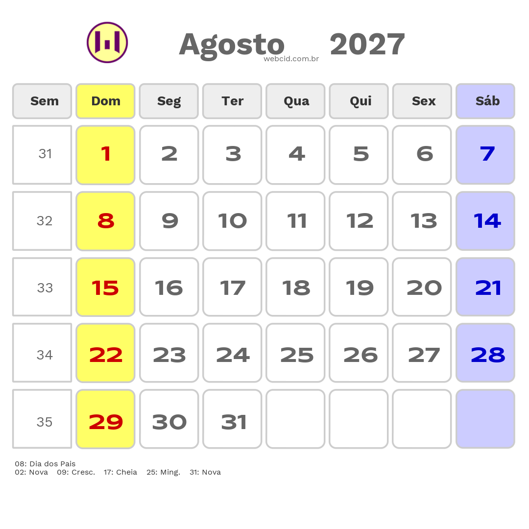 Calendário 2027 - Agosto - Brasil com feriados e fases da lua